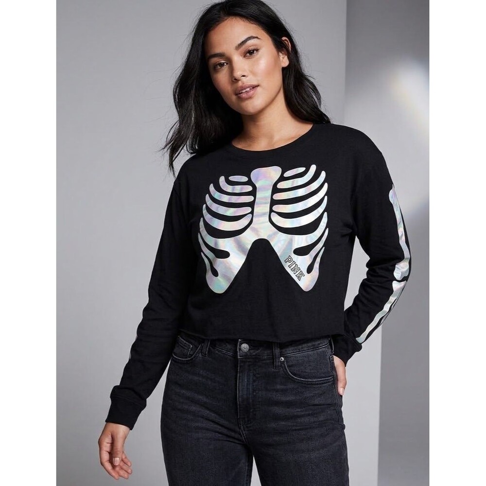 Rare Victoria's Secret PINK Halloween Holographic Skeleton Rib Cage Crop Top L